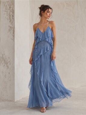 ZARA Zara Blue Cascading Ruffle Chiffon Maxi Dress Gown L NWT